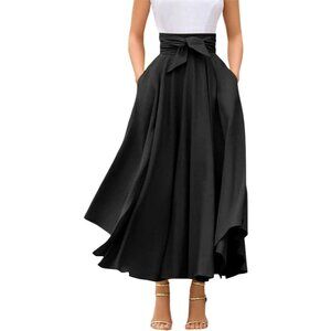 Women's Black Elegant High Waist Side Slit Irregular Bohemian Pockets Maxi Skirt